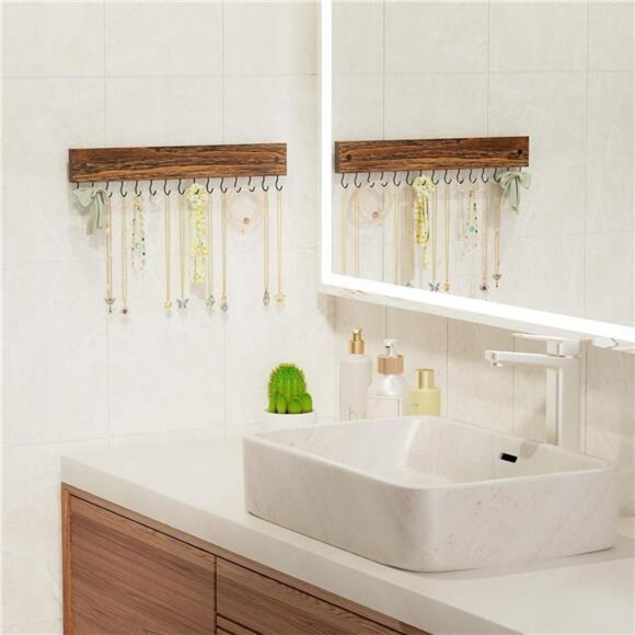 Wood necklace holder wall mount jewelry organizer with 15 hooks for storage - Picture 5 of 7